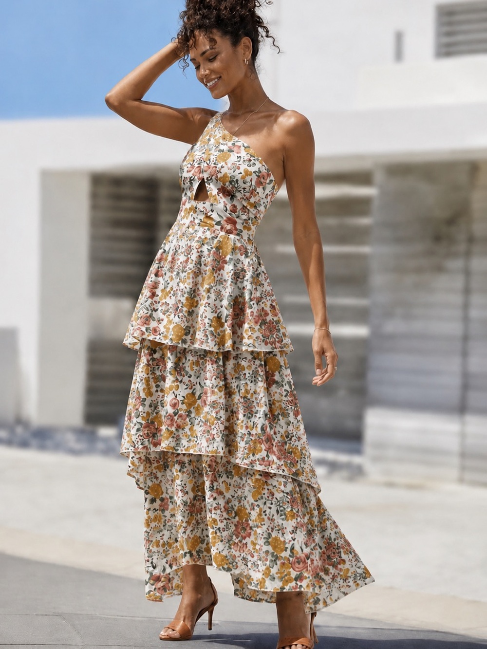 Reverse Floral One-Shoulder Tiered Maxi Dress — Cream with Pink & Yellow Flowers